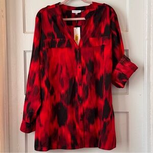 Calvin Klein Printed Crepe de Chine Y-Neck Adjustable Sleeve Button Front Top 2X